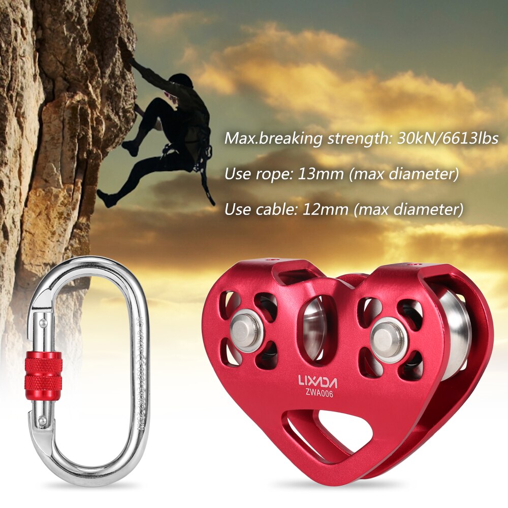 Lixada 30kN Cable Trolley Pulley Dual Pulley with 25kN Srew Locking Carainber For Rock Climbing Caving Aloft Work Rescue