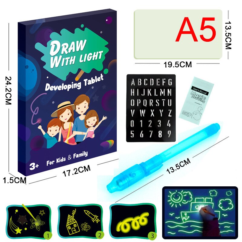 Kids 3D Magic Drawing Pad Fluorescent Puzzle Luminous Magical Writing Pad 3D Luminous Drawing Board for: English Blue A5