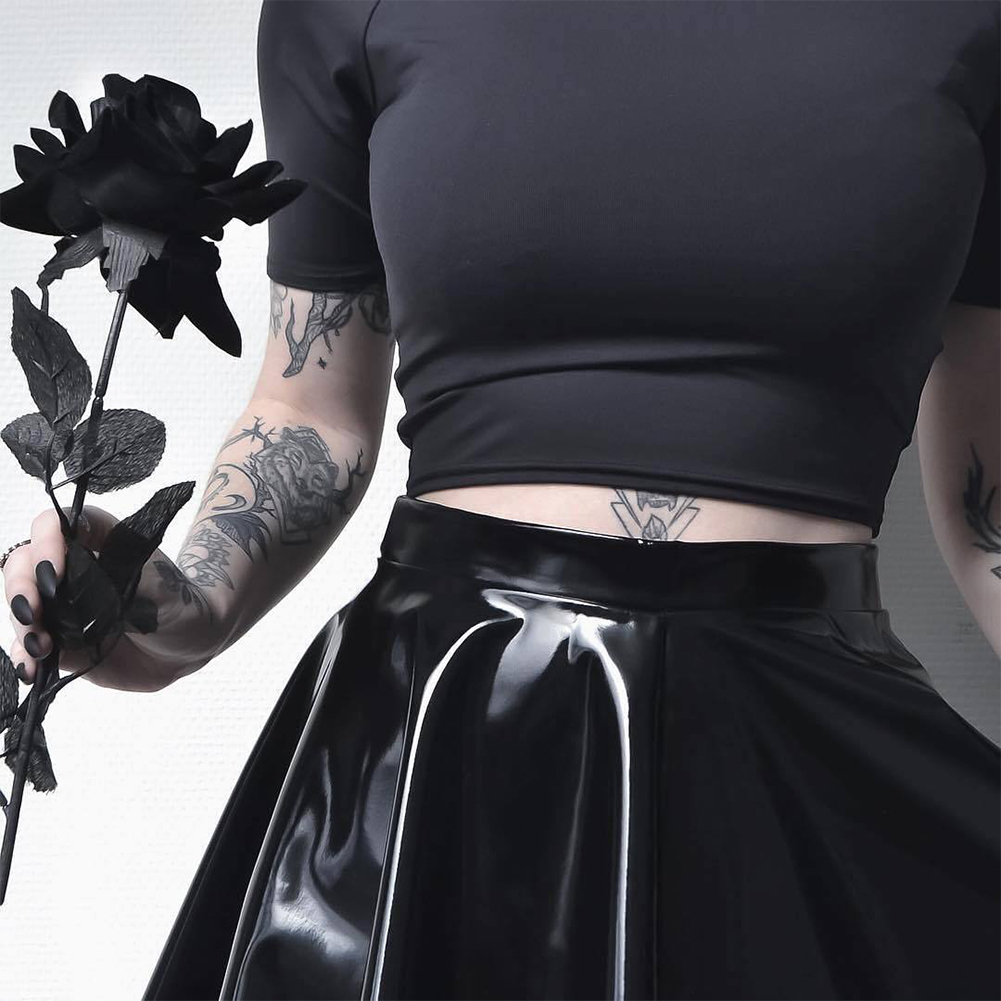 Falda plisada de cuero de PVC con aspecto húmedo brillante para mujer, minifaldas de baile, color negro liso, línea A, para y discoteca
