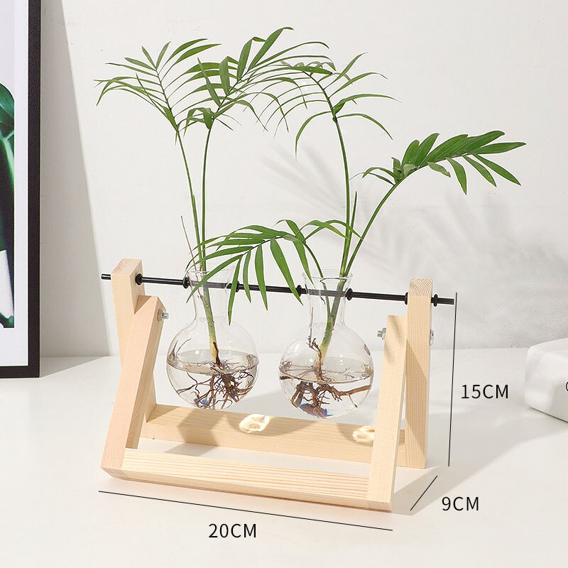 Terrario hidropónico para plantas, florero transparente con marco de madera, decoración de mesa de vidrio, planta de bonsái, decoración de flores: 21x16cm Light Color
