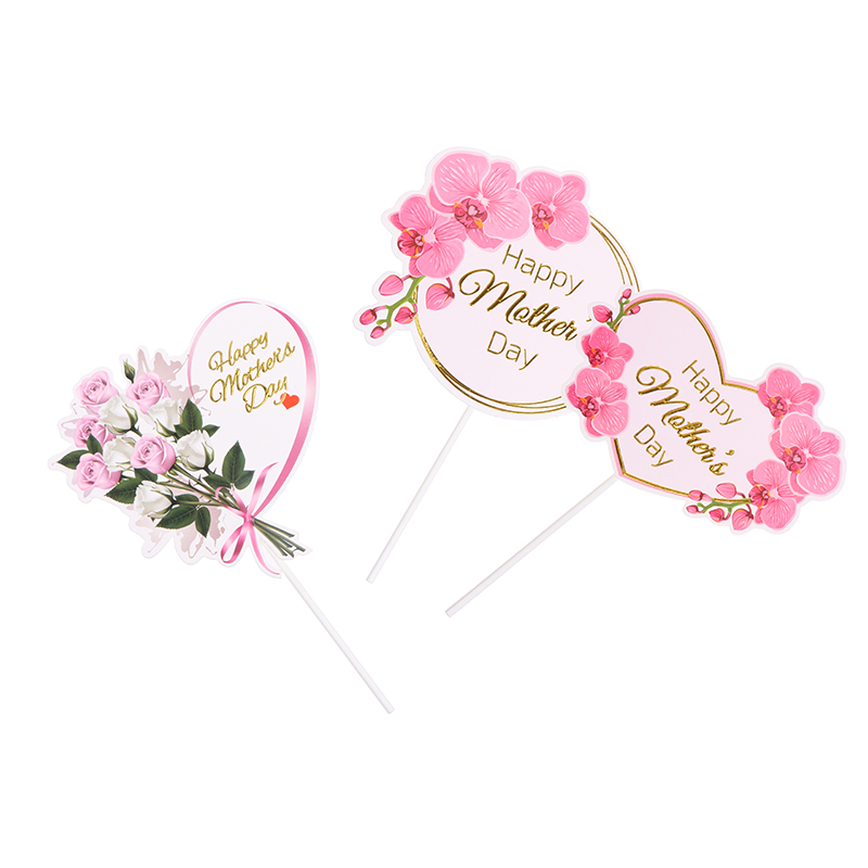 10pcs Cake Topper Pink Heart Flower Decoration Happy Mother`s Day Cake Toppers For Mother`s Day Cupcake Dessert Supplies