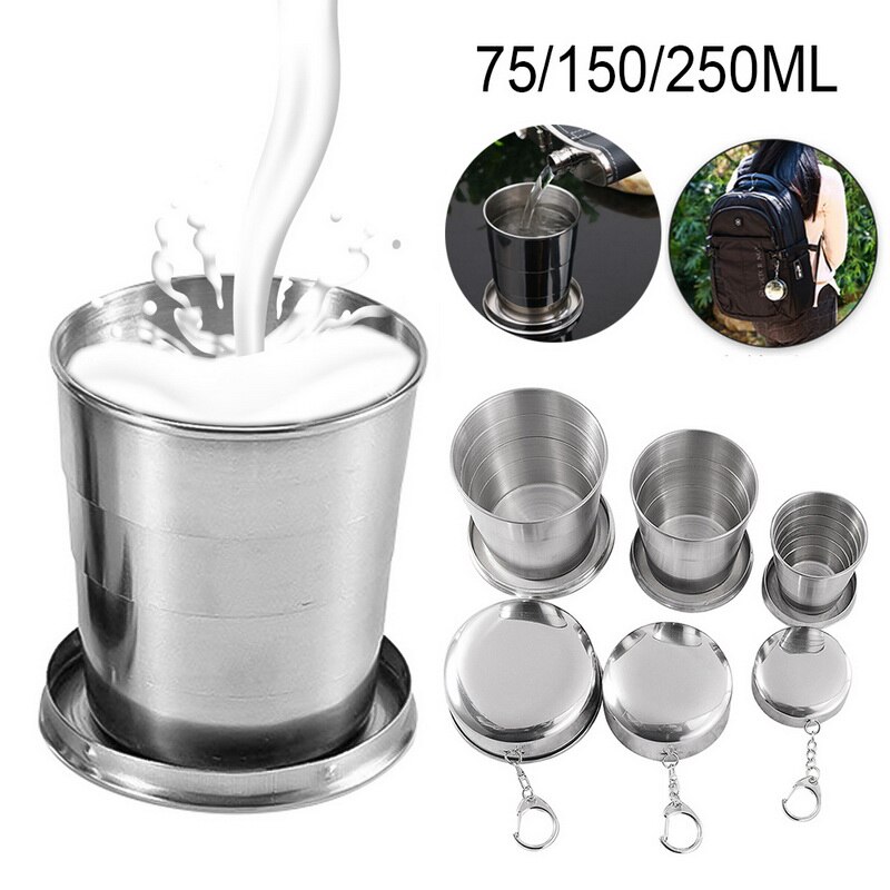 Gobelet pliant télescopique rétractable en acier inoxydable, Portable, avec porte-clés, gobelet d&#39;eau d&#39;extérieur