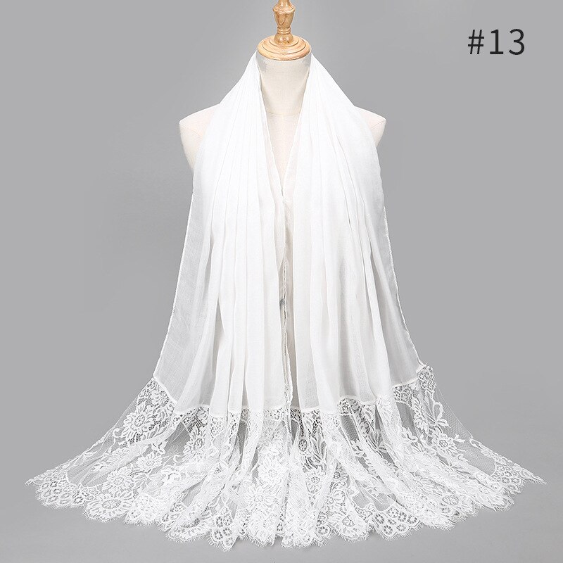 Longue dentelle populaire bords écharpe Hijab femme plaine Maxi châle enveloppement fleur dentelle florale Foulard Viscose coton musulman écharpe Hijabs: 13 white