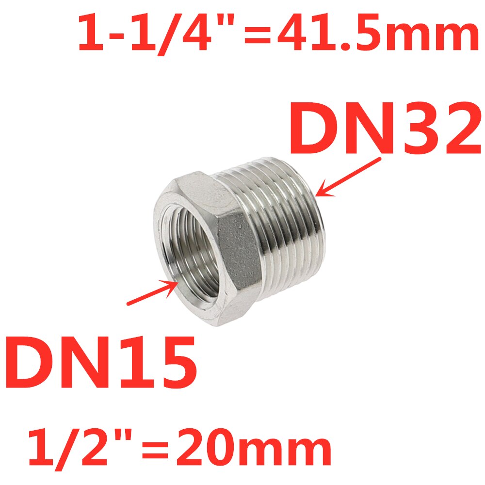 Tonisoiva sydämen vähennysholkki 1/8 &quot; 1/4 &quot; 3/8 &quot; 1/2 &quot; bsp uros/naaraskierre  ss304 ruostumattomasta teräksestä valmistettua putkiliitosta vesikaasuöljylle: Dn32 to dn15