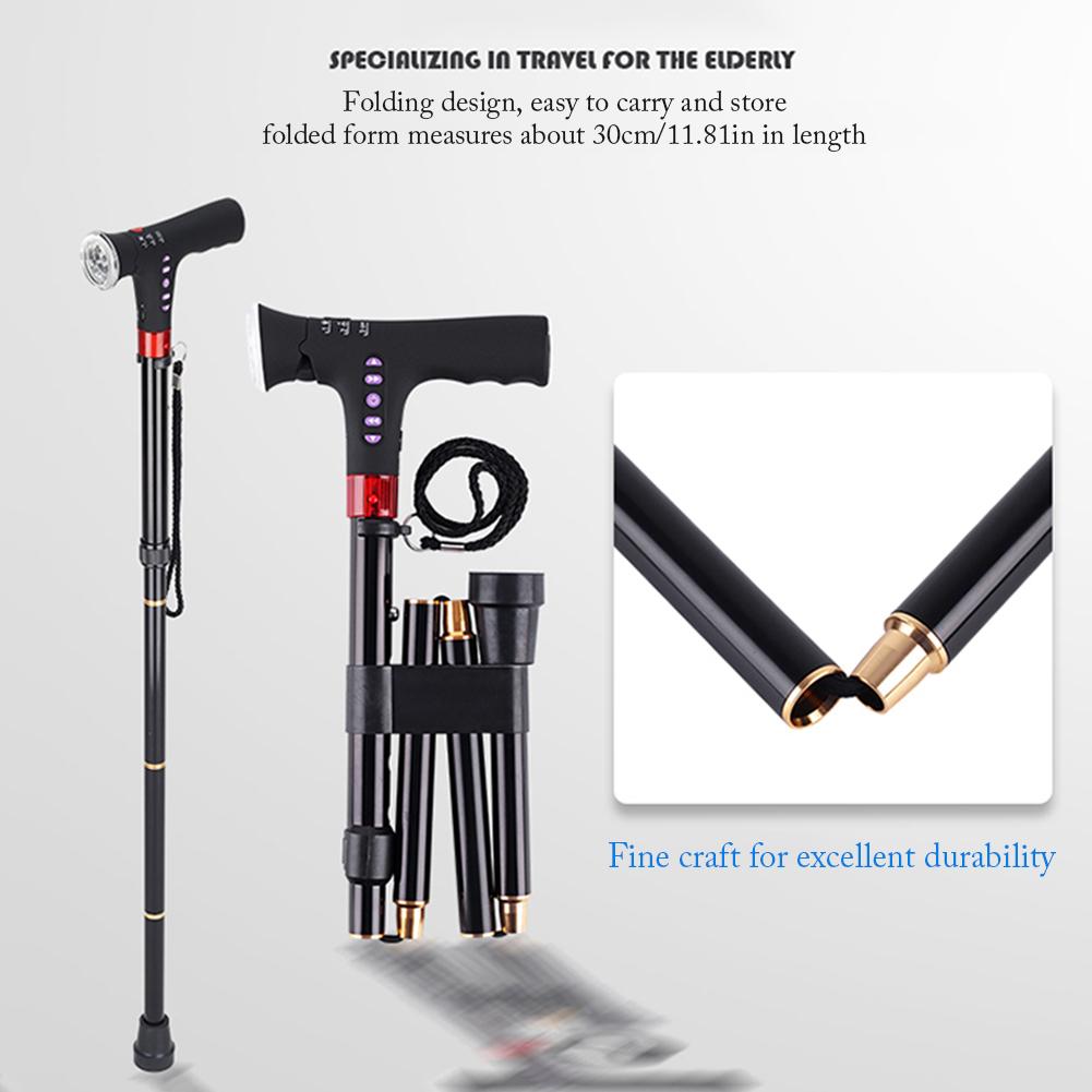 Travel Adjustable Folding Cane For Men Women With Alarm Led Light Radio And Cushionable Handle Suitable For Disabled And Elderly