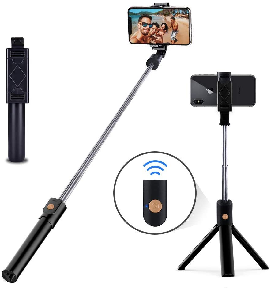 YTOM Selfie Stock, 3 in 1 Erweiterbar Selfie Stock Stativ mit Abnehmbare Bluetooth kabellos Fernbedienung Telefon Halfter Für smartphone: Schwarz