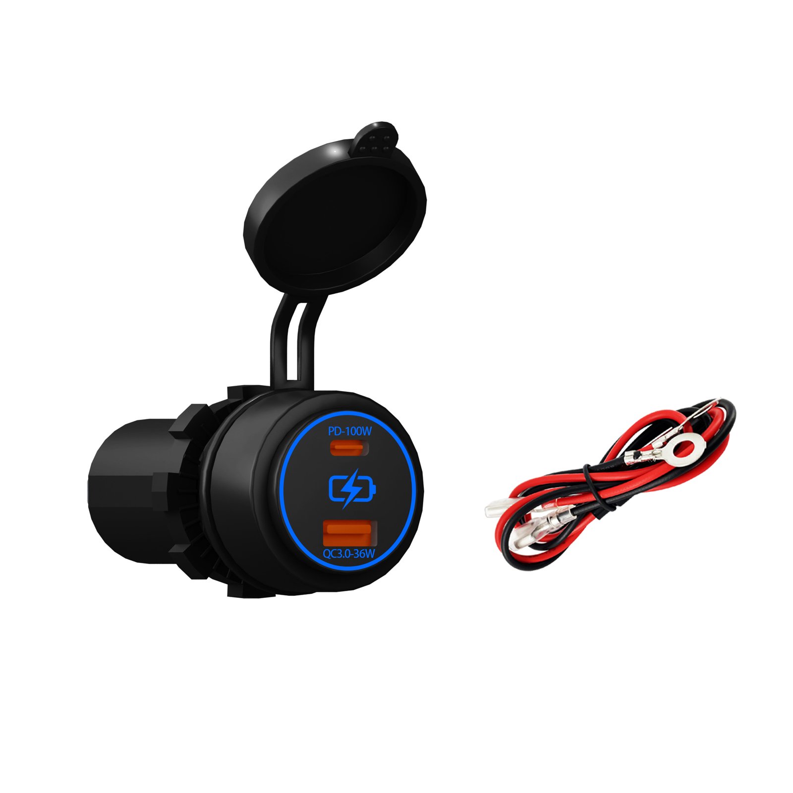 PD 100W snellader en QC 3.0 snelle voeding met blauwe LED dubbele USB autoladeradapter voor auto marine vrachtwagen camper waterdicht: Paars