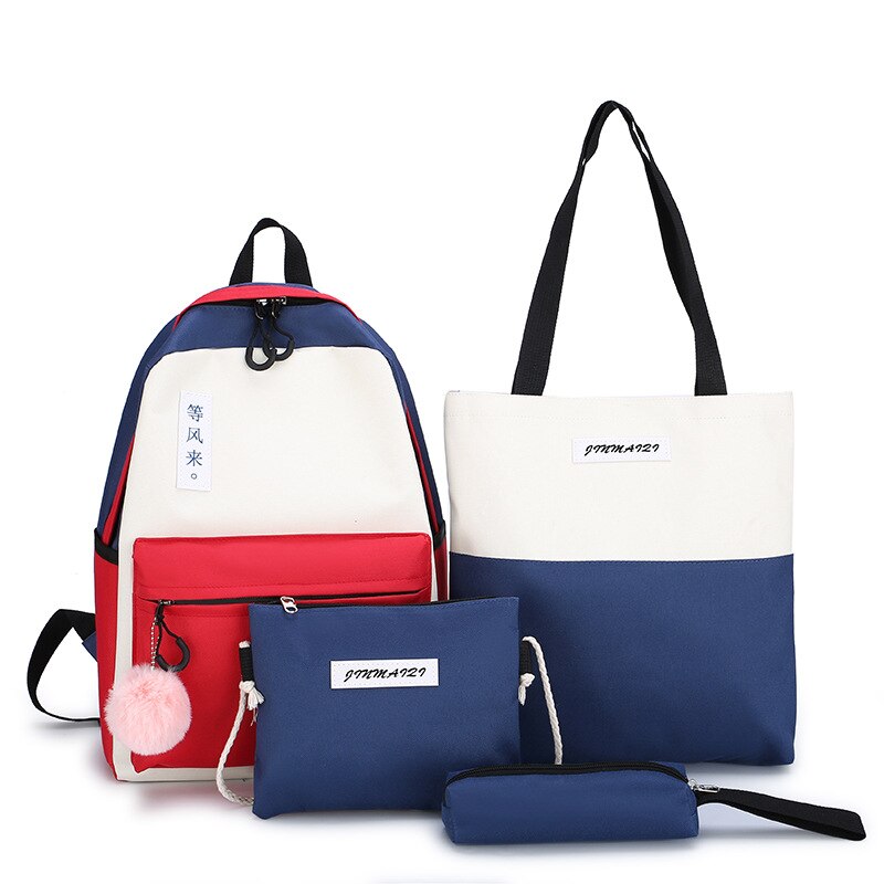 Conjunto de lona feminino, conjunto de lona, mochila feminina, grande capacidade, de viagem, escola, com caixa de lápis, bolsa para laptop diária: Azul