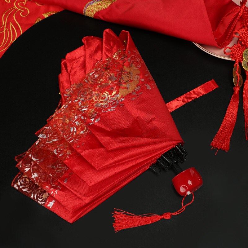 Wedding Folding Umbrella Rain Woman&#39;s Red Umbrellas Wedding Bride Romantic Folding Umbrella Bride Female Lace Paragua