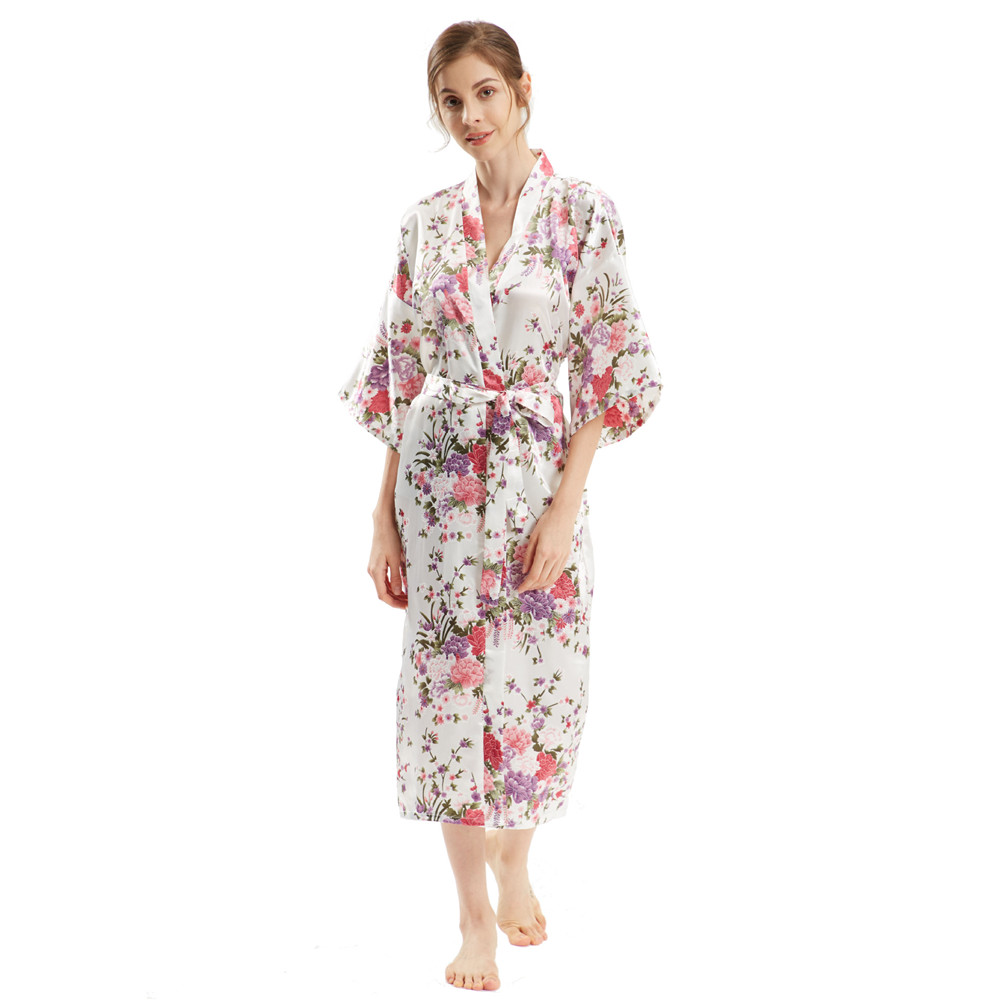 Kimono Badjas Jurk Met Halve Mouw Dames Lang Gewaad Print Bloemen Satijn Nachtkleding Thuis Jurk Losse Loungewear: Beige