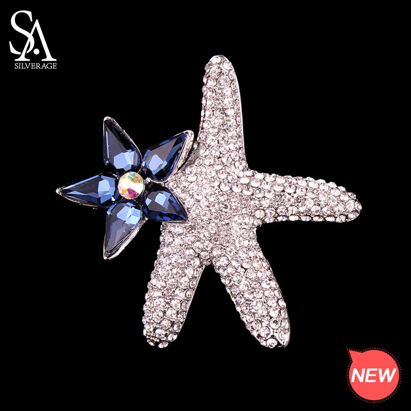 SA silaverage Starfish broches para mujeres Blanco/azul flor Navidad broche flor broche pin Zirconia broches