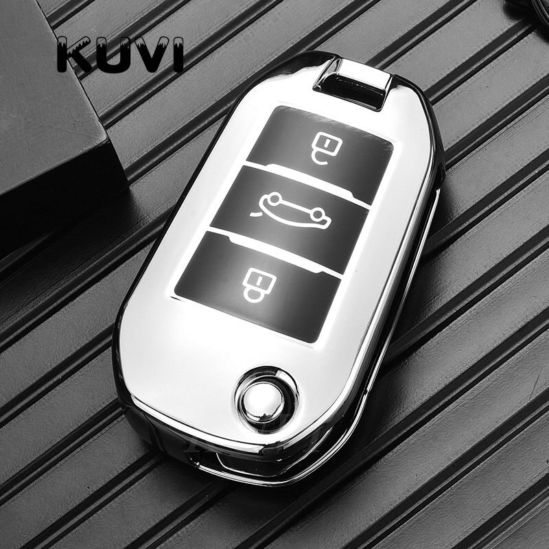 Porte-clés de voiture pliable en TPU, étui à couverture complète pour Peugeot 3008 208 308 508 408 307 4008 et citroën C4 C4L CACTUS C3 C6 C8: Silver