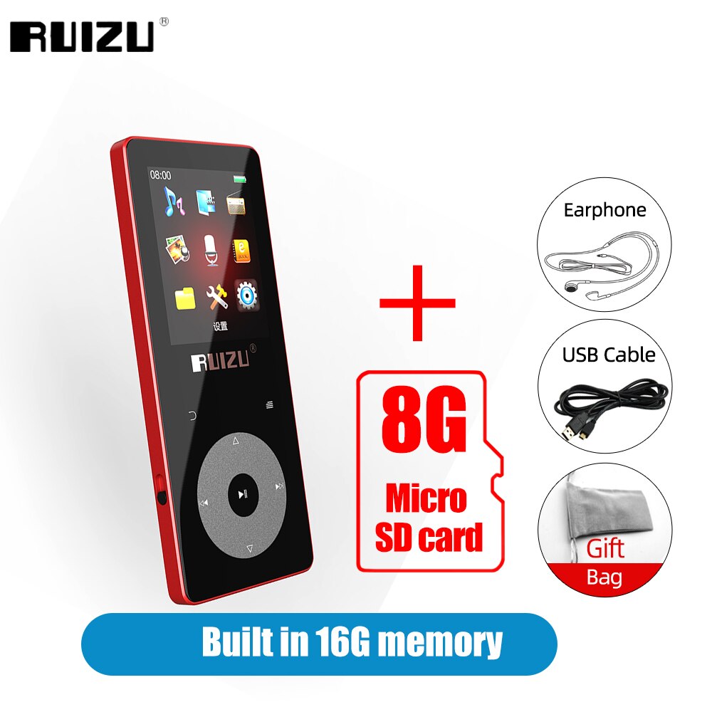 RUIZU – lecteur MP3 Hifi à écran tactile X02B, avec Bluetooth 5.0, haut-parleur intégré, Support de carte TF, Radio vidéo, enregistrement, Ebook: 16G Red Add 8G TF