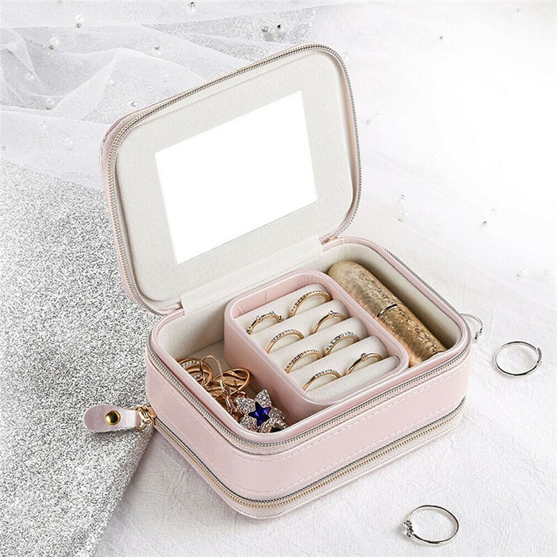 Draagbare Lederen Sieraden Doos Organizer Ketting Armband Earring Case Houder Reizen Sieraden Organisator Ornament Case: Roze