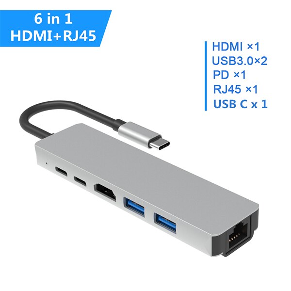 Usb hub typ c till hdmi 4k usb 3.0 thunderbolt 3 dockningsadapter pd laddningskort 8 in 1 hub för macbook pro splitter port typ c hub: 6 in 1