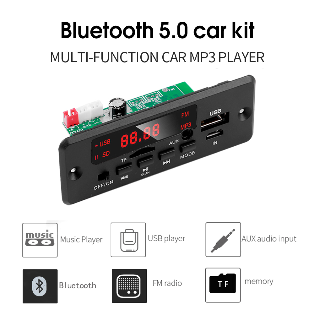 Vivavoce 50W amplificatore MP3 scheda di decodifica schermo a colori DC 12V Bluetooth V5.0 lettore MP3 per auto modulo di registrazione USB FM AUX Radio