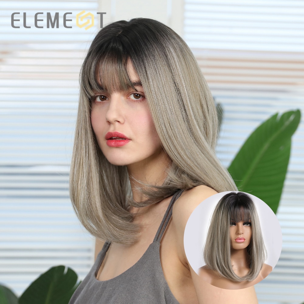 element krótki prosto pion peruki z grzywką Ombre czarny do herbata mleczna kolor peruki syntetyczne dla białych/czarnych kobiet