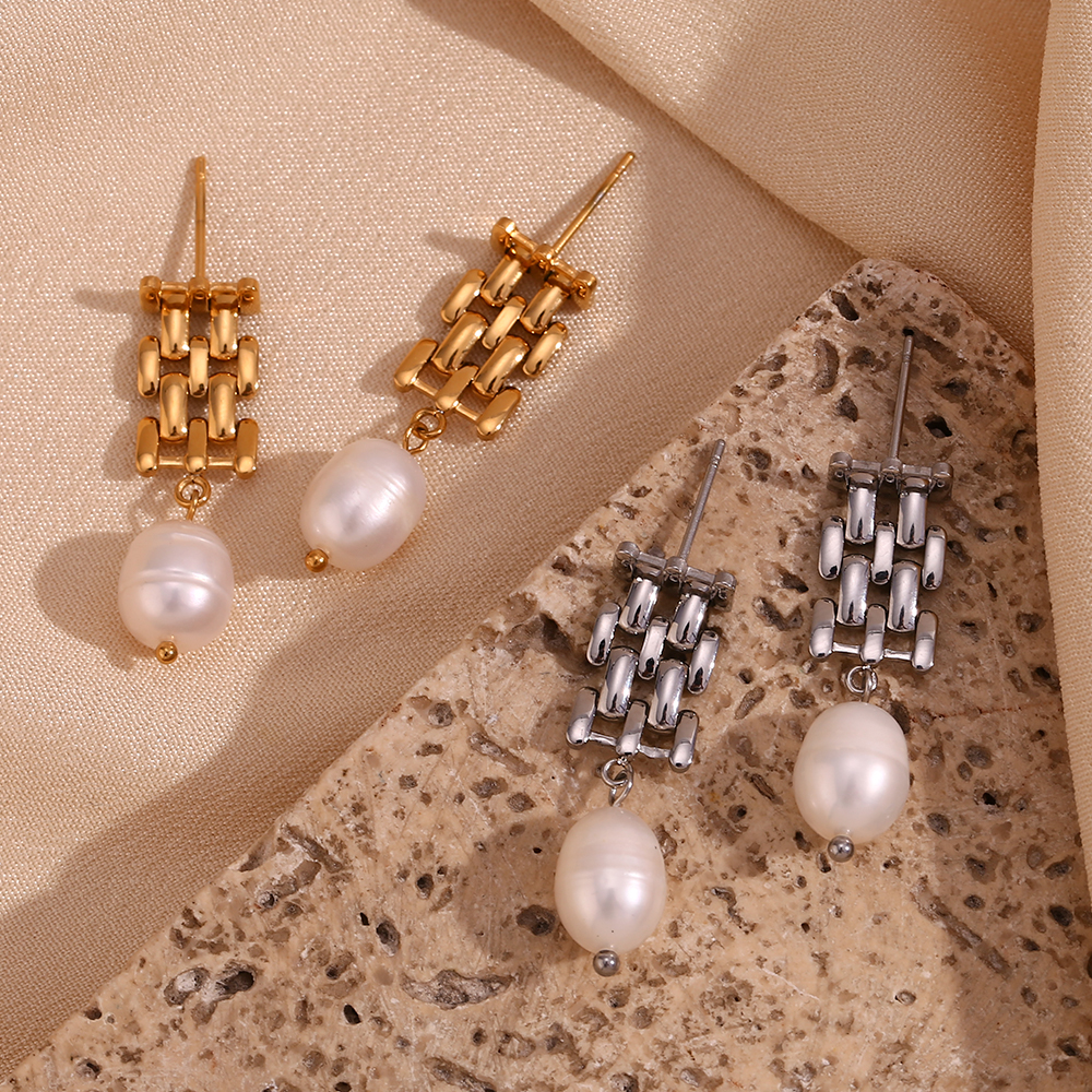 E.B.belle Watch Chain Egg Shape Pearl Pendant Stud Earring Gold Color Stainless Steel Accessories 18K Gold Plated Women