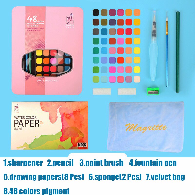 Juego de pintura de acuarela sólida , 48 colores, 63 Uds., juego de arte con pincel de pintura, suministros de arte del pigmento: 48 Colors Set-Pink
