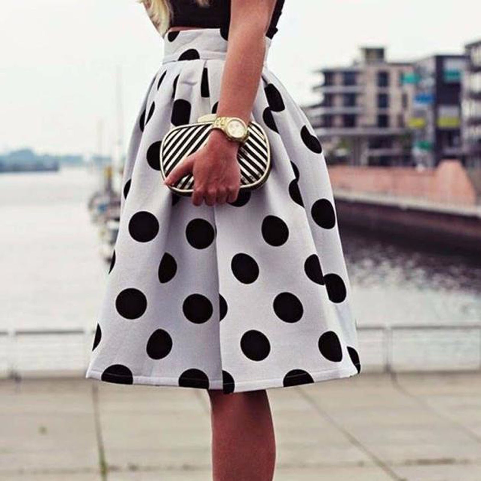Falda blanca para mujer, falda informal estilo Harajuku con estampado de lunares, estilo Retro, para verano: XL