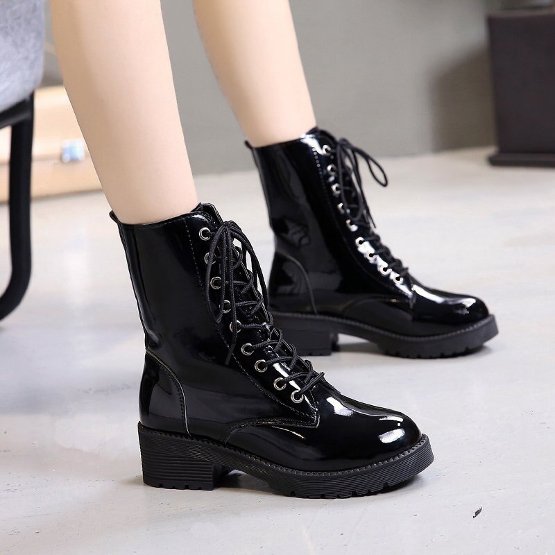 Mi-mollet en cuir japonais botines femme plate-forme moto bottes croisées automne hiver bottes courtes gros creepers: patent leather / 5