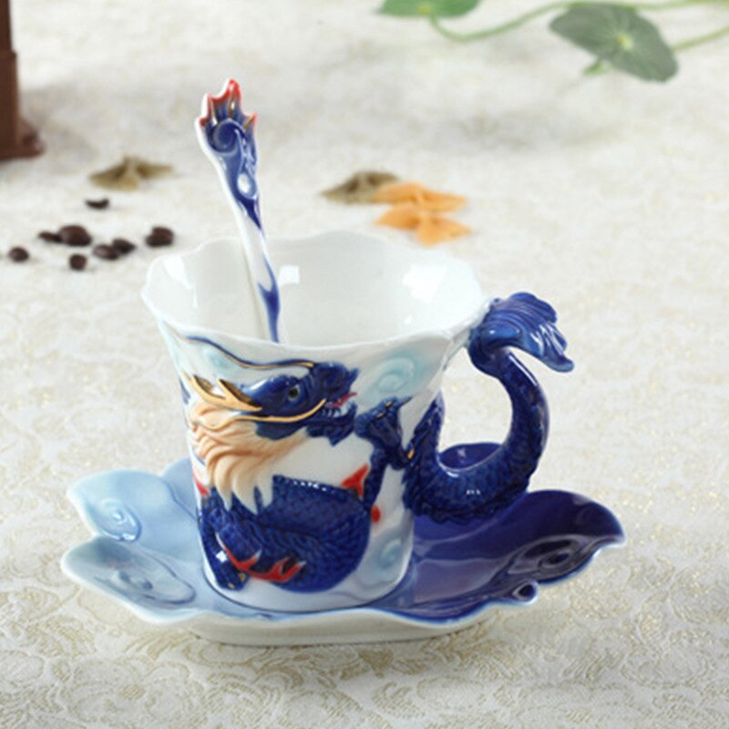 Enamel Porcelain Dragon Phoenix Coffee Cup Dragon Mug Tableware Set