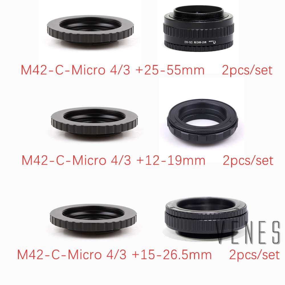 2pcs/set 25-55mm/12-19mm/15-26.5mm + Lens Adapter M42/C Mount Lens-M4/3 for M42 Lens Adjustable Focusing Helicoid Macro Adapter