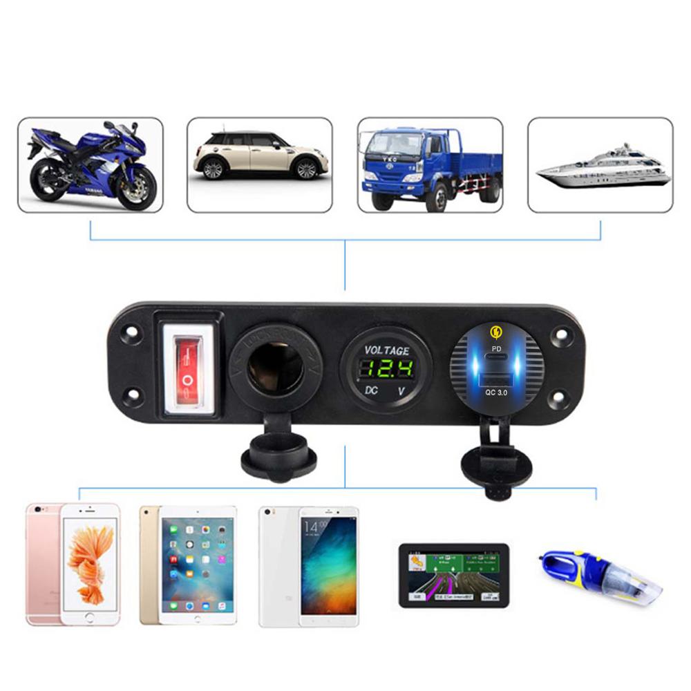 Wasserdichte 4- in- 1 12v 24v mit  qc3.0 usb-typ-c-pd-schnellladeanschlüssen, led-voltmeter und schalter für auto, lkw und boot