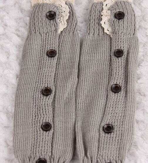 Piger børn trendy strikket knap blonder benopvarmere trim boot manchetter sokker: Grå