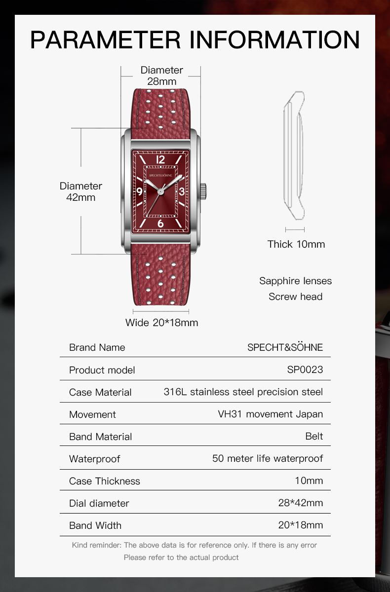 Specht & Söhne, recién llegados, reloj cuadrado de 28MM para hombre VH31 Movt, relojes deportivos ultrafinos de acero inoxidable con zafiro resistente al agua hasta 50M