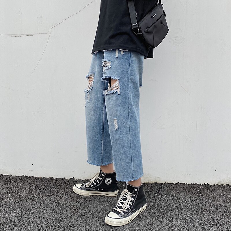 Trasigt hål slits raka ljusa blå & grå jeans koreansk stil lös trend matchande jeansbyxor för ungdomar 5xl