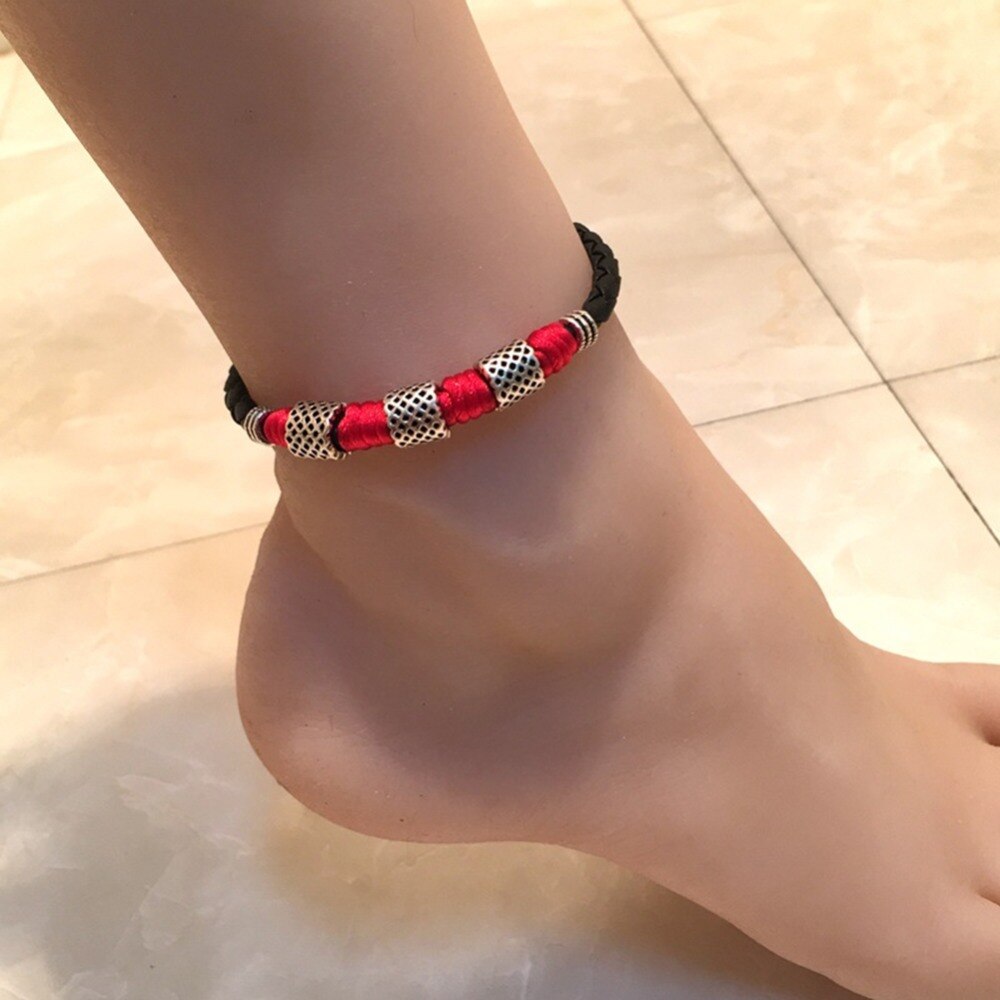 Personality Leather Rope Chain Handmade Ankles Bracelet Black Bead Chain Anklet For Women Men Jewelry