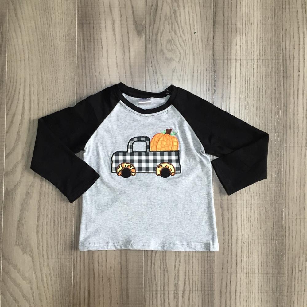 Girlymax Fall Winter Katoen Grijs Zwart Truck Boerenbont Pompoen Top Lange Mouw T-shirt Baby Jongens Raglans Boutique Kidswear: 3T