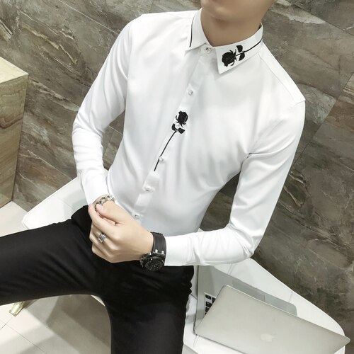 Neue Männer Langarm Bestickt Kleid Shirt Rose Dekoration Party Männer der Hemd Größe S M L XL 2XL 3XL: Weiß / asiatisch Größe XXXL