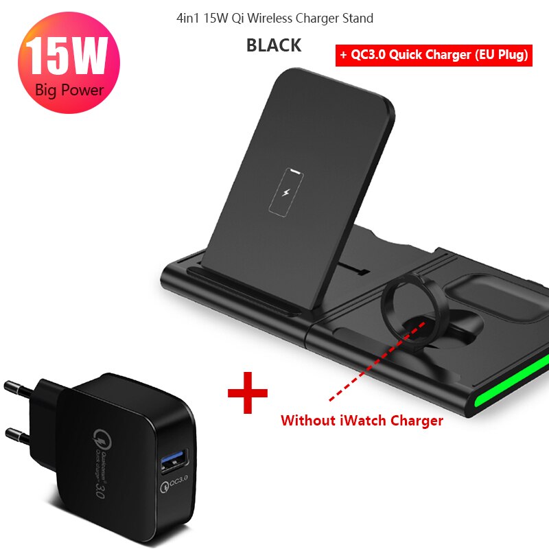 4in1 15W Wireless Charger Splicing Stand Holder for Apple Watch 5 4 3 iPhone 11 Xs Max Airpods Pro/2 Fast Charging for Samsung: Black QC3.0 Charge