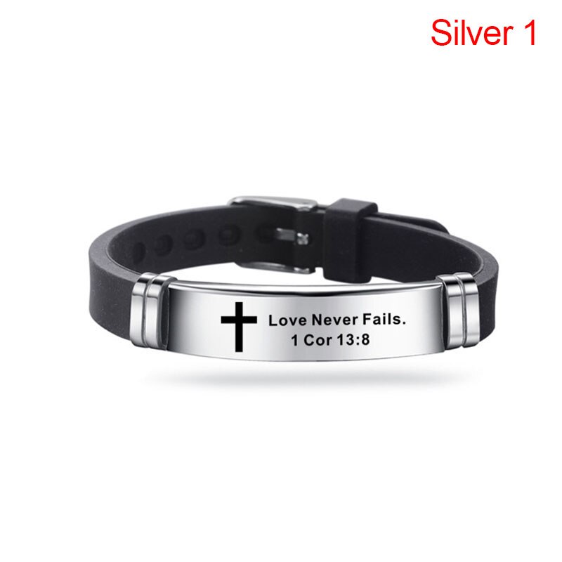 Cruz Biblia Cristiana hombres pulsera ajustable longitud pulseras de silicona pulsera escritura amor nunca falla joyería masculina: silver 1