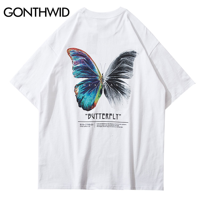 GONTHWID papillon imprimer à manches courtes t-shirts Streetwear Hip Hop décontracté ample t-shirts chemises hommes Harajuku été hauts homme