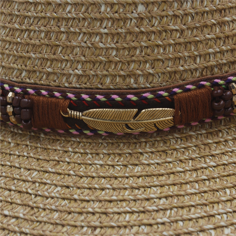 Sommer strå kvinner menn hul western cowboyhatt med skinn