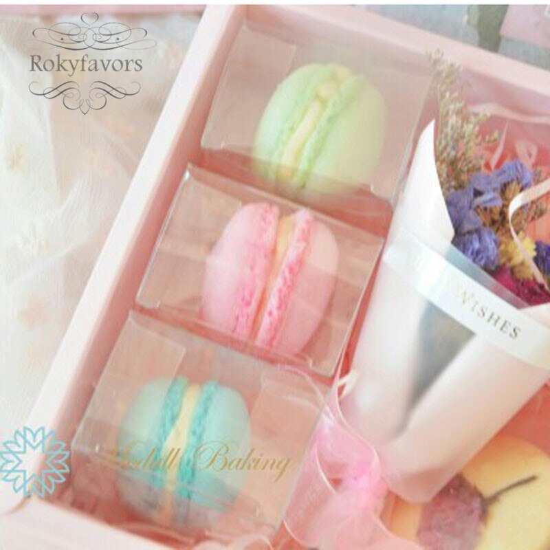 50PCS 5x5x3.5cm Clear Plastic PVC Macaron Box for 1 Macarons Party Supplies Bomboniere Favors Boxes with Protect Film