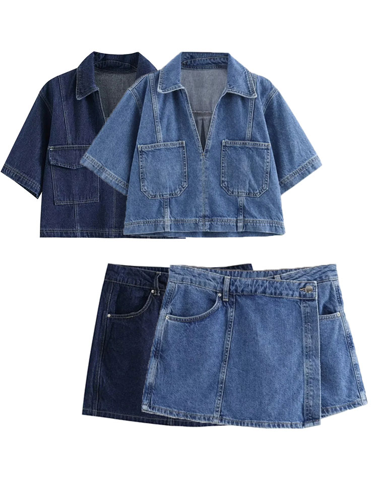 Sommer denim todelt sæt korte ærmer lommer dame top mini nederdel shorts afslappet dame 2 sæt  y2k