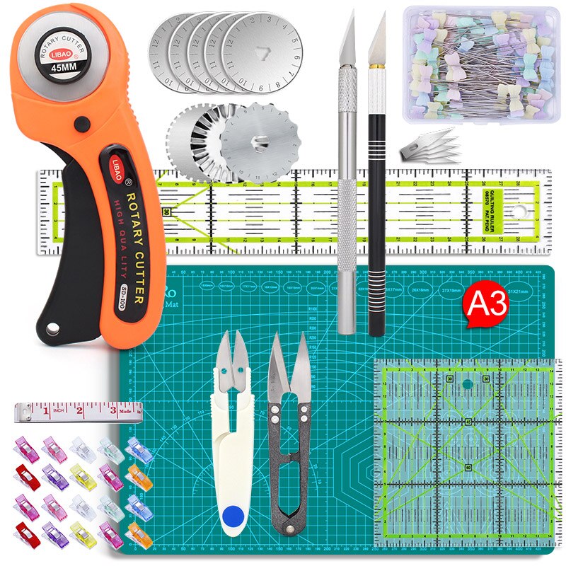 Rotary Cutters Set with Cutting Mat Patchwork Ruler Carving Knife Kit for Fabric Paper Leather Crop Sewing Scissors and Quilting: Set 06