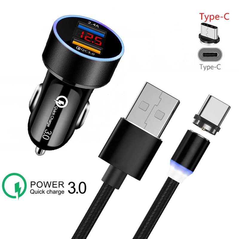 QC 3.0 Dual USB Quick Car Charger Magnetic Type C Cable For Samsung A50 A30 A21 A41 S8 S9 S10 Sony Xperia 10 XA1 Plus XA2 XZ3 L3