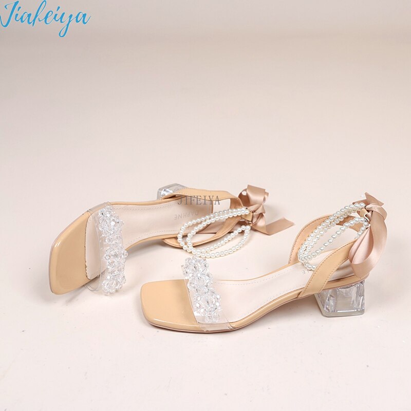 Sandales à talons hauts pour femmes, ruban de perles Transparent, moyen avec sandales, chaussures à bout ouvert, chaussures à plateforme à la