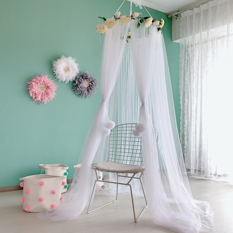 Nordic Bed Luifel Tent Dome Opknoping Met Rose Garland Baby Crib Netting Klamboe Gordijn Kinderen Tent Kinderkamer Decoratie