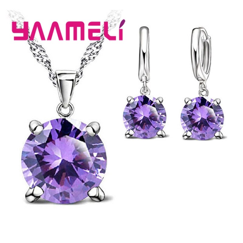 Conjunto de joyería de plata de ley 925 para mujer, collar con colgante de Circonia cúbica, pendiente, joyería nupcial clásica para mujer: purple