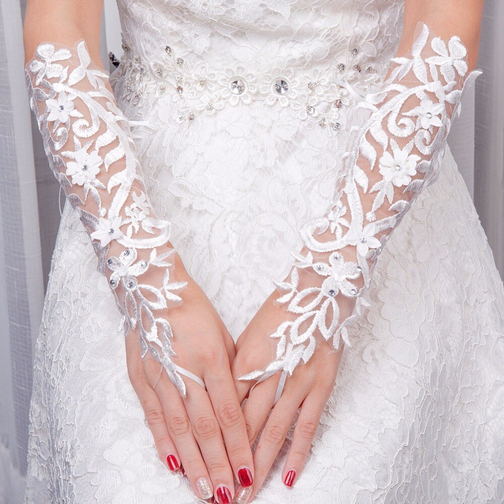 Long Lace Bridal Gloves Lady Formal Banquet Gloves for Bride Evening Party (White)