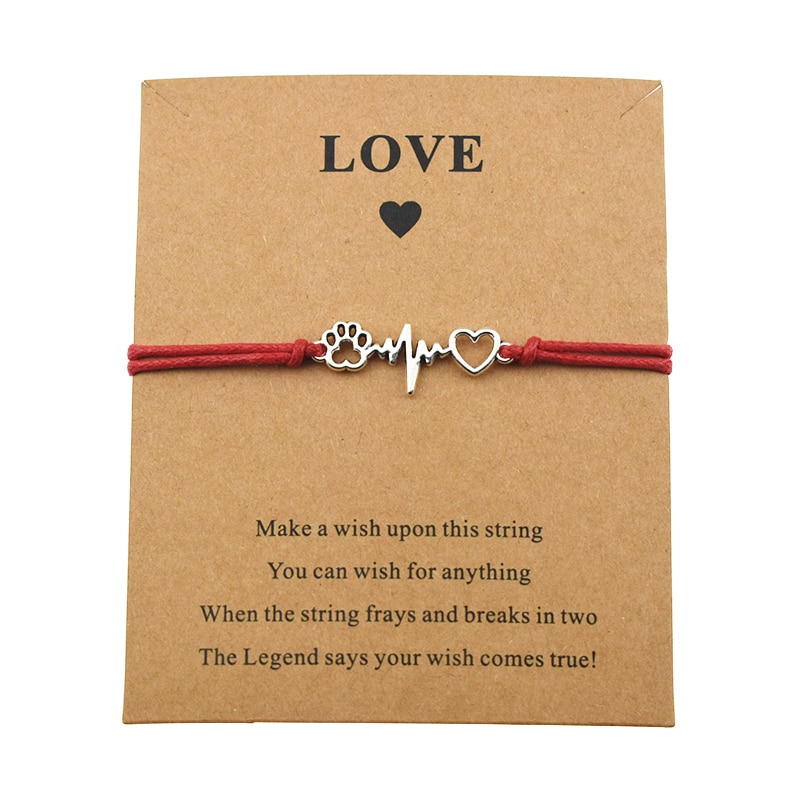 Zilver Pet Hond Pootafdrukken Charm Wish Liefde Kaart Armbanden Voor Vrouwen Meisjes Beste Vriend Honden Minnaar vriendschap Sieraden: Red