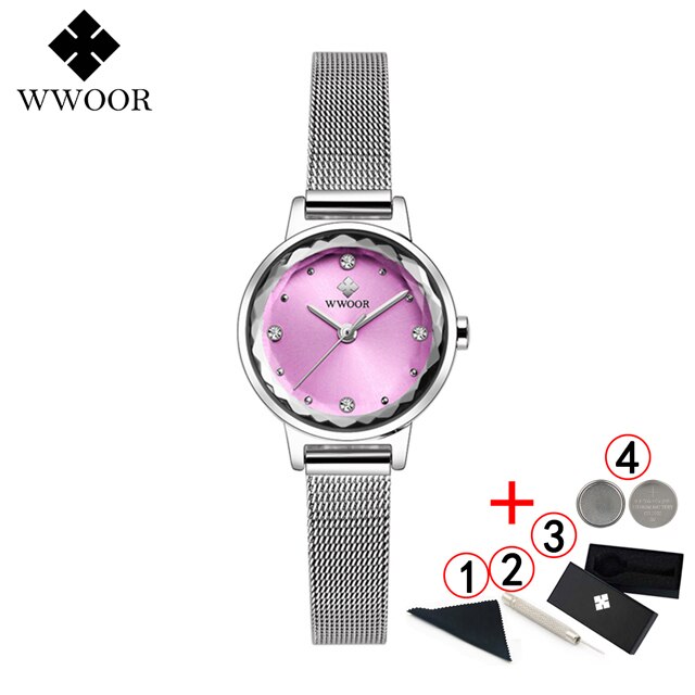 Armbinde Uhren Frauen Luxus WWOOR oben Wasserdichte Stahl Gurt Kristall Damen Handgelenk Uhren Relogio Feminino: Silber- Rosa Kasten