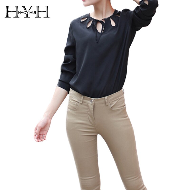 HYH HAOYIHUI otoño mujeres negro Casual gasa completo sólido cuello redondo camisa para dama