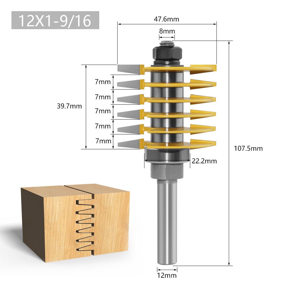 LAVIE 1pc 8mm 12mm 1/2" Shank Brand 2 Teeth Adjustable Finger Joint Router Bit Tenon Cutter Industrial Grade for Wood Tool: 12mm shank